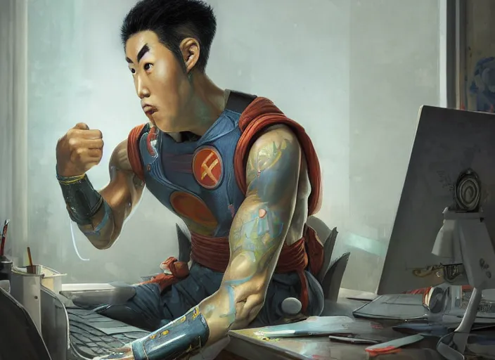 Image similar to an insanely detailed painting of an asian man wearing a homemade superhero costume, sitting at a desk, staring seriously at the computer and typing, in the style of peter mohrbacher, james jean, dramatic lighting and composition, surreal background, octane render, pixar, trending on artstation, concept art, comic book, view from behind, 8 k