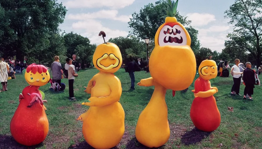 Image similar to 1990s candid photo of a beautiful day at the park, cinematic lighting, cinematic look, golden hour, large personified costumed fruit people in the background, Enormous fruit people mascots with friendly faces, kids talking to fruit people, UHD