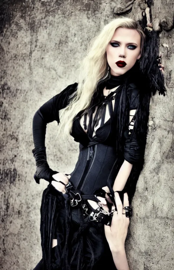 Prompt: young sexy scarlett johansson long hair wearing goth outfit, gothic fashion, high - end fashion photoshoot