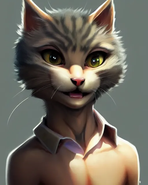 Image similar to character concept art of a young male anthropomorphic furry cat | | cute - fine - face, pretty face, key visual, realistic shaded perfect face, fine details by stanley artgerm lau, wlop, rossdraws, james jean, andrei riabovitchev, marc simonetti, and sakimichan, trending on artstation