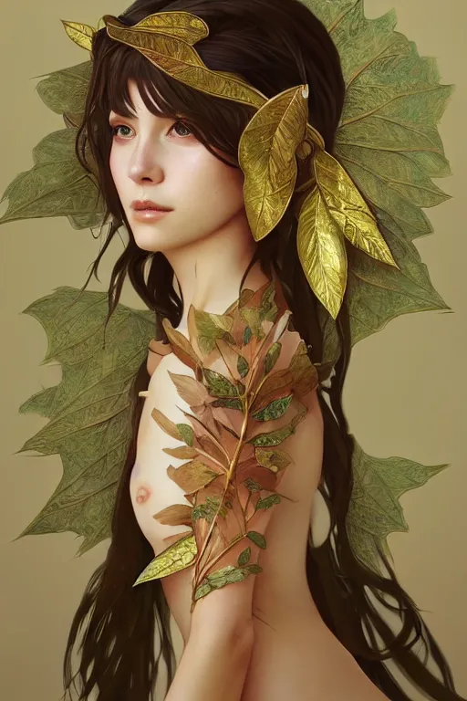 Prompt: beautiful ancient girl in makeshift leaf armor, highly detailed, digital painting, artstation, sharp focus, illustration, art by tan zi and ayanamikodon and alphonse mucha and wlop