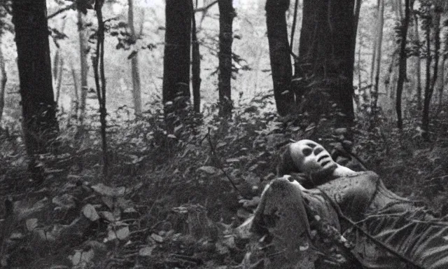 Image similar to corpse looking at camera in forest at night, 70s photo, out of focus, motion blur, cctv footage, horror movie, horror lighting, blair witch project, old photo