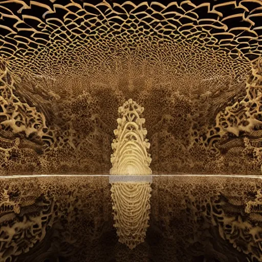Prompt: beautiful octane render of a massive mandelbrot fractal cathedral interior carved out of ivory and populated entirely by mandelbrot fractals, hyperrealistic, unreal engine, catholicpunk, angelic, fractals, photorealism