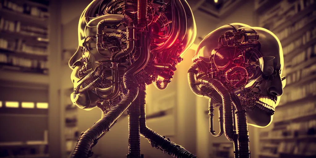 Prompt: A frightening and beautiful evil cyborg head with pipes and tubes and a brain in a library, hyperealistic very colourful hdr cinematic lighting cgi render photorealistic cinematic octane render