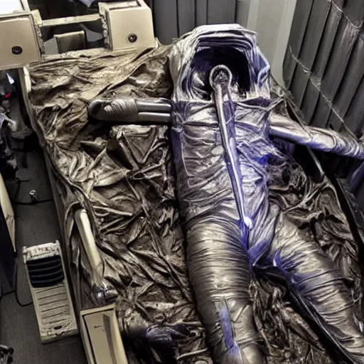 Prompt: mummified elon musk in his luxurious burial chamber, year 3 2 5 1, cyberpunk