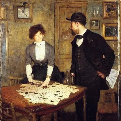 Image similar to a man and a woman solving an escape room puzzle alfred stevens