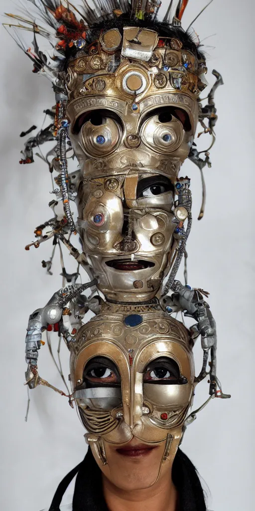 Prompt: a beautiful cyborg made of indian ceremonial maske