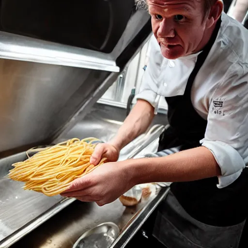 Prompt: <photo hd>Gordon Ramsey cooking spaghetti on the hood of his car</photo>