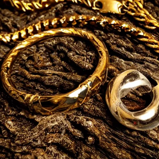 Image similar to Gollum wearing many rings and many gold chains and many medallions in a dark forest, cinematic, foggy atmosphere, greed, excitement, photograph, photorealistic