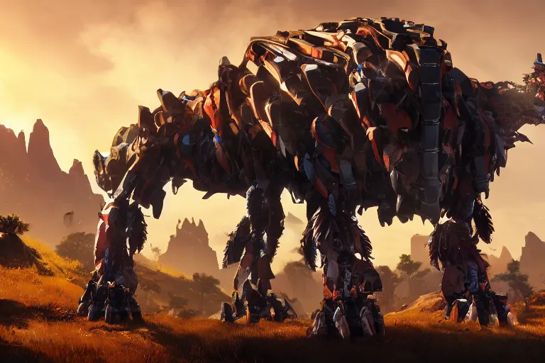 Image similar to grimhorn fanghorn machine mecha animal beast robot of horizon forbidden west horizon zero dawn bioluminiscence global illumination ray tracing hdr fanart arstation by sung choi and eric pfeiffer and gabriel garza and casper konefal