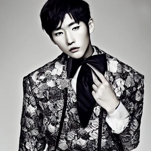 Image similar to a beautiful young korean male wearing moschino couture, photographed by erwin olaf