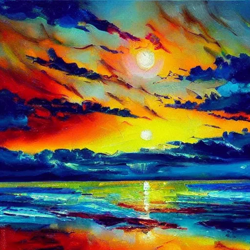 Image similar to an impasto oil painting of a stunning, colorful sunset painted by ken hong leung