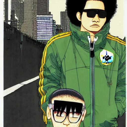 Image similar to illustration by katsuhiro otomo, black man with afro hair, stubble, wearing an adidas army green jacket, in the streets of tokyo, akira style, by katsuhiro otomo