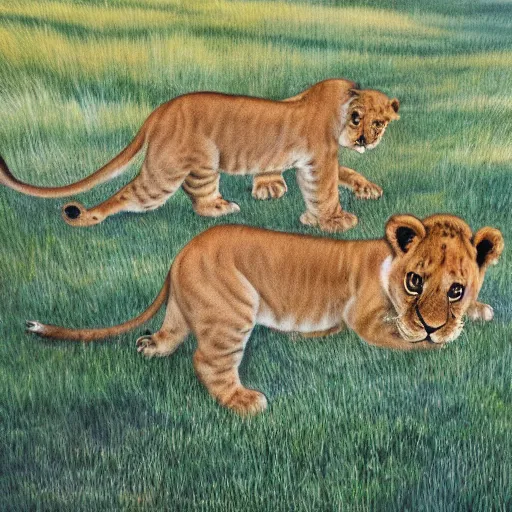 Image similar to a painting of two lion cubs that are symmetrically mirrored because they are the same lion