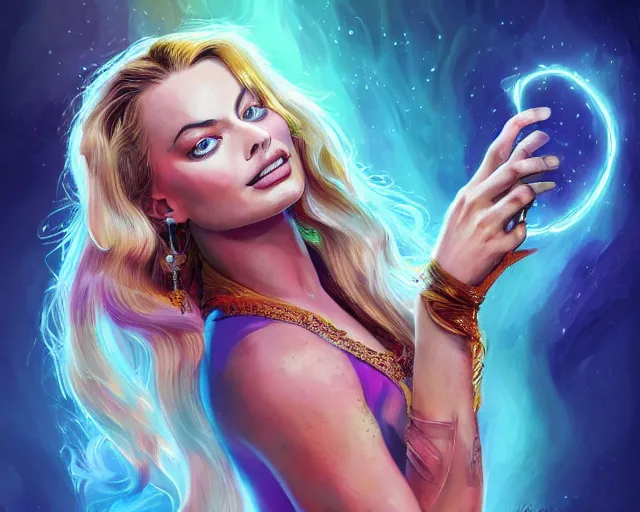 Image similar to margot robbie as a beautiful magician casting colorful spells, fantasy art, in the style of JAMES MCCARTHY, illustration, epic art, fantasy, intricate, elgant, amazing detail, digital painting, artstation, concept art, smooth, sharp focus