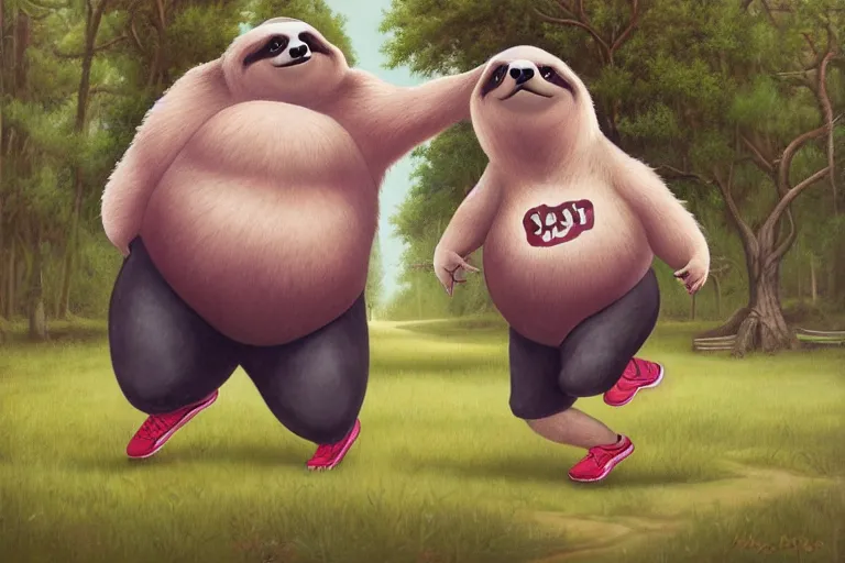 Image similar to anthro fat sloth going for a run in the park, wearing running sneakers and a muscle tee - shirt, dynamic active running pose, an ultrafine detailed painting by mark ryden, trending on deviantart, pop surrealism, whimsical, lowbrow, grotesque