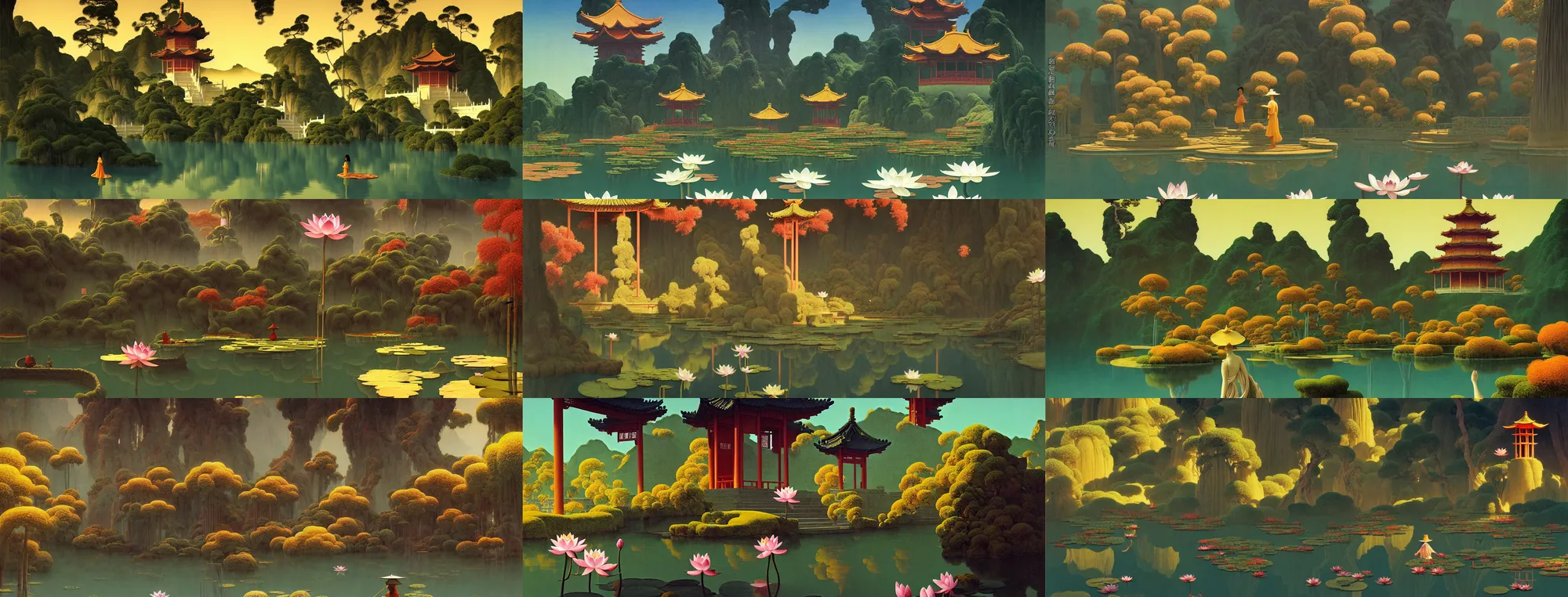 Prompt: a gorgeous landscape painting by barlowe wayne maxfield parrish and marco mazzoni. chinese temple. just one lonely chinese wuxia with bamboo hat walks on the winding steps. blooming lotus lake!! ultra clear detailed. 3 d, octane render. turbulent blood lake.