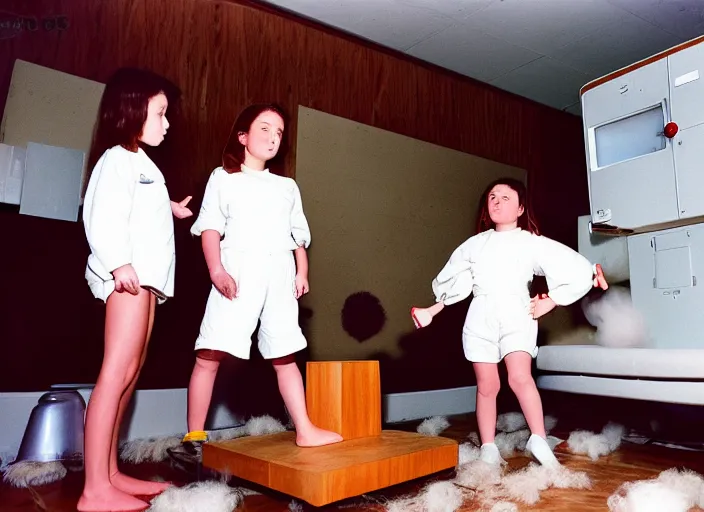 Image similar to realistic photo of a three young female birdman wearing white shorts, watching at a levitating fluffy furry cloud, in a living room sci - fi laboratory with many wooden gadgets made of wood interior is made of wood 1 9 9 0, life magazine reportage photo, natural colors