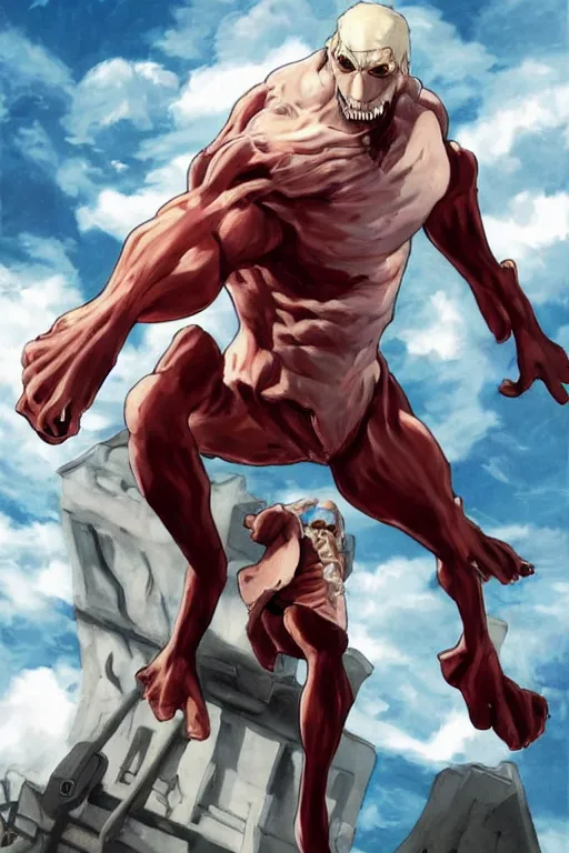 Prompt: Jerma!!!!!!!!!!!!!!!!!!!!!!!!!!! as the colossal titan, attack on titan, promotional art