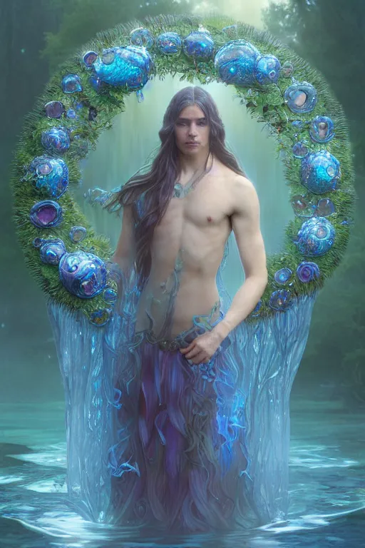 Prompt: male water spirit, long iridescent hair, fantasy, cavansite, ruby, dress made of water, very detailed, blue water lily wreath, river, smooth, sharp focus, by greg rutkowski, alphonse mucha, ayami kojima, marc simonetti, artstation, lois van baarle