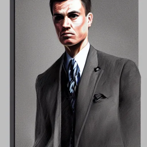 Prompt: handsome serious man in a three - piece suit, hyper realism, digital painting, high quality, detailed portrait