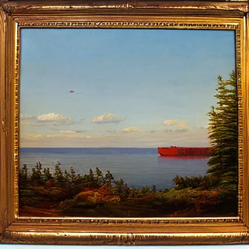 Prompt: Lake Superior in Autumn, Freighter ship in distance, landscape, beautiful artwork by ivan shishkin