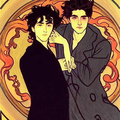 Prompt: painting of young cute handsome beautiful dark medium wavy hair man in his 2 0 s named shadow taehyung and cute handsome beautiful min - jun together at the halloween! party, bubbling cauldron!, candles!, smoke, autumn! colors, elegant, wearing suits!, delicate facial features, art by alphonse mucha, vincent van gogh, egon schiele