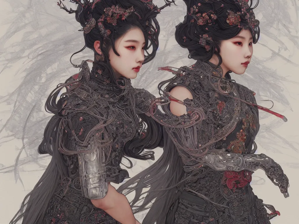 Image similar to portrait jisoo blackpink, grey hair armored samurai clothes, in fire japanese temple wet night, ssci - fi and fantasy, intricate and very very beautiful and elegant, highly detailed, digital painting, artstation, concept art, smooth and sharp focus, illustration, art by tian zi and wlop and alphonse mucha