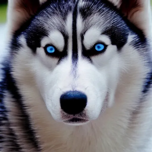 Prompt: a husky with black jacket and blue eyes