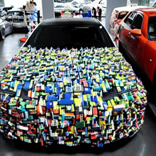 Image similar to photo by annie leibovitz of a car made out of 1 0 0 s of nike sneakers