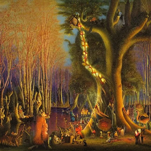 Prompt: a night carnival around a magical tree cavity, with a surreal orange moonlight and fireworks in the background, next to a lake with iridiscent water, christmas lights, folklore animals and people disguised as fantastic creatures sitting on sofas and couch in a magical forest by summer night, masterpiece painted by jean - baptiste perronneau, dark night environment