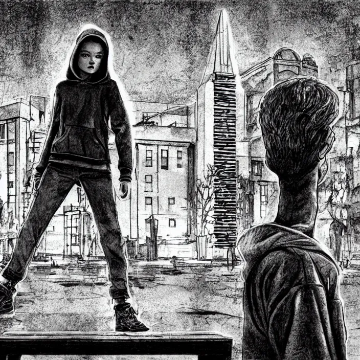 Image similar to storyboard : sadie sink in hoodie sits on bench in ruined square, pedestrians walk by, soviet monument and propaganda posters. scifi cyberpunk. by gabriel hardman. cinematic atmosphere, detailed and intricate, perfect anatomy