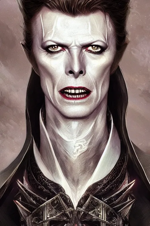 Prompt: ultra realistic illustration, vampire king david bowie from diablo and baldurs gate, intricate, elegant, highly detailed, digital painting, artstation, concept art, smooth, sharp focus, illustration, art by artgerm and greg rutkowski and alphonse mucha