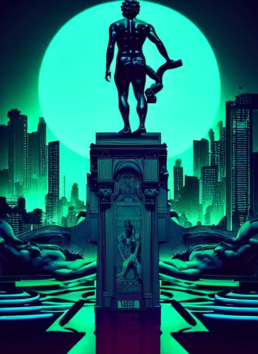 Image similar to statue of hercules, beeple, android jones, liam wong, ( ( ( ( ( dan mumford ) ) ) ) ), vaporwave, retrowave, black background, neon wiring, black, glitch, strong contrast, cuts, pinterest, trending on artstation