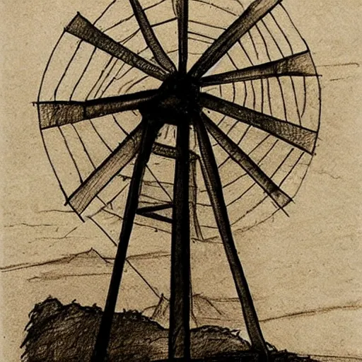 Image similar to old pencil sketch by leonardo davinci of a windmill, detailed technical sketch, anotation, quotes, monochromatic, sepia tones, old paper