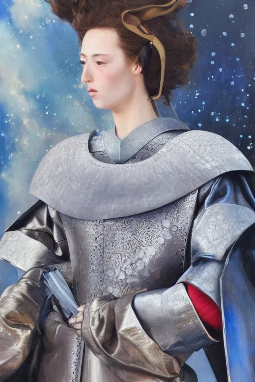 Image similar to hyperrealism oil painting, close - up portrait of caucasian medieval fashion model, knight, steel gradient mixed with nebula sky, in style of baroque mixed with 7 0 s japan book art