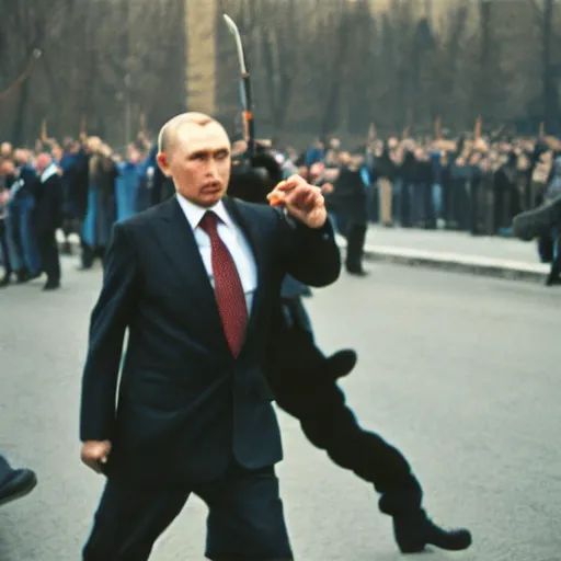 Prompt: stepan bandera kills putin, realistic, Photographed with Leica Summilux-M 24 mm lens, ISO 100, f/8, Portra 400