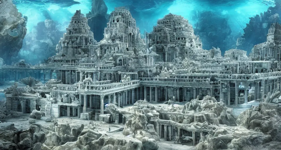 Image similar to a magnificent underwater view of the huge lost city of Atlantis, fully built buildings, white marble, hyper detailed, 4K