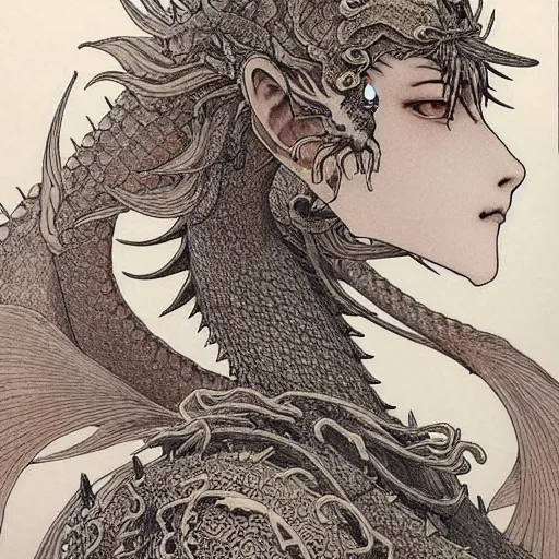 Image similar to prompt: Fragile looking vessel portrait soft light drawn by Takato Yamamoto, inspired by Fables, ancient dragon knight armor decoration, magical and alchemical objects on the side, soft light, white background, intricate detail, intricate oil painting detail, sharp high detail, manga and anime 2000