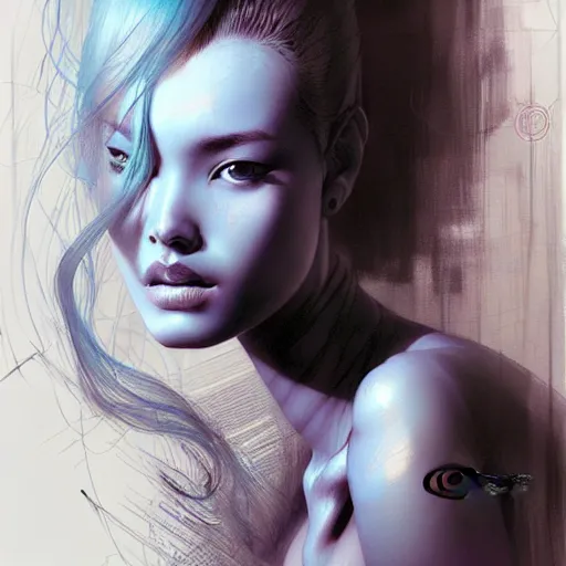 Prompt: beauty aisan girl, illustration, by christophe young, blueprint, sketch