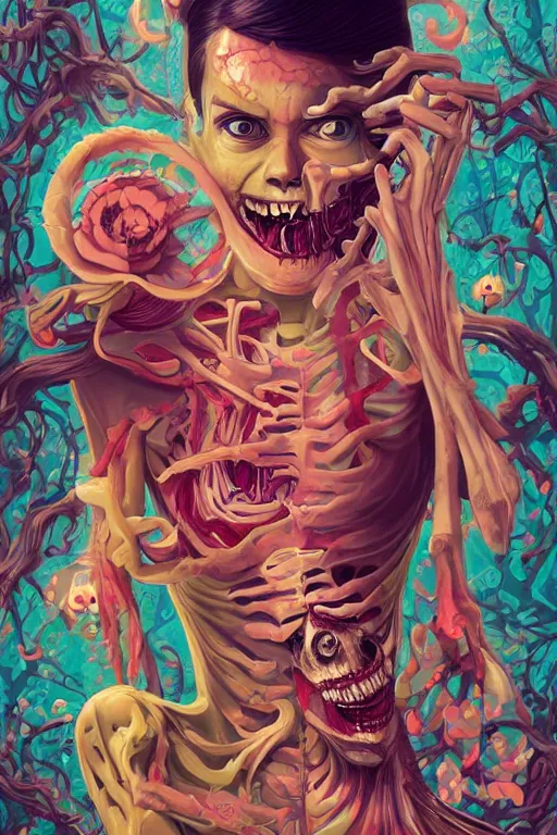 Image similar to a smiling cute zombie woman peeling skeleton skin and wavy hair, tristan eaton, victo ngai, artgerm, rhads, ross draws