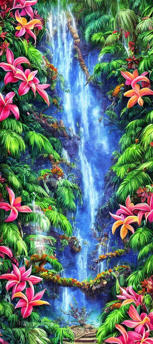 Image similar to cascading concept art of an exotic garden with waterfall pools, macaw parrots, flowers and palm trees, plumeria, detailed, highly detailed, aesthetic, realistic, hyper realism, colorful, in depth, intricate,