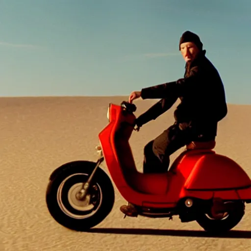 Prompt: a man in a red bomber jacket riding a moped through the desert, film still by Wes Anderson