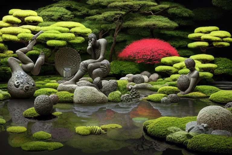 Prompt: beautiful sculptures in a serene japanese garden, part by michaelangelo, part by james jean, part by ross tran, part by jacek yerka, part by leslie zhang, surreal, highly detailed, beautiful detailed intricate insanely detailed octane render trending on artstation, 8 k artistic photography, photorealistic, volumetric cinematic light, chiaroscuro