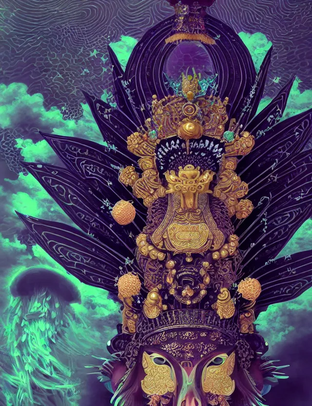 Image similar to goddess macro close - up portrait with crown, ram skull. beautiful intricately detailed japanese crow kitsune mask and clasical japanese kimono. betta fish, jellyfish phoenix, bioluminescent, plasma, ice, water, wind, creature, artwork by tooth wu and wlop and beeple and greg rutkowski