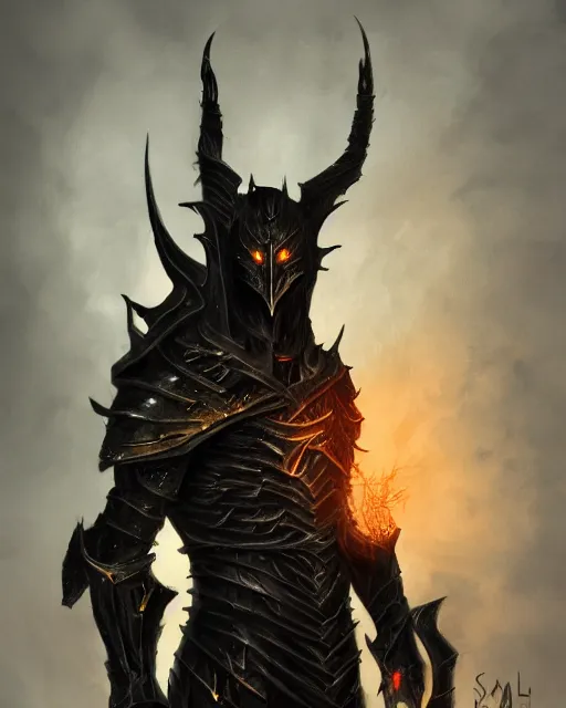 Image similar to A dark fantasy portrait of sauron the dark lord wearing damaged armor made of iron, cinematic character concept art, dramatic lighting, by furio tedeschi, rule of thirds, golden ratio, smooth, evil noldorin armor, a sense of evil, sinister aura, trending on artstation