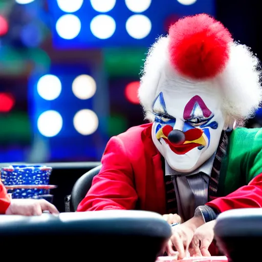 Image similar to world series of poker, a clown is at the final table, espn coverage, screenshot,