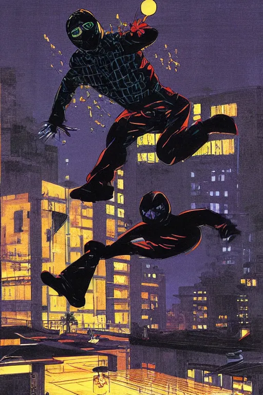 Prompt: a ninja jumping from the roof on a rainy night by syd mead, boneface, kevin eastman