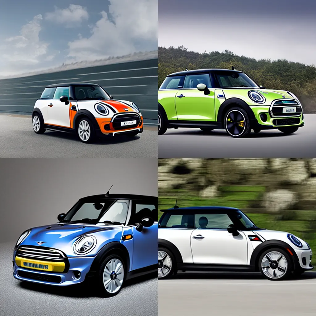 Prompt: An electric vehicle designed and produced by Mini, promotional photo