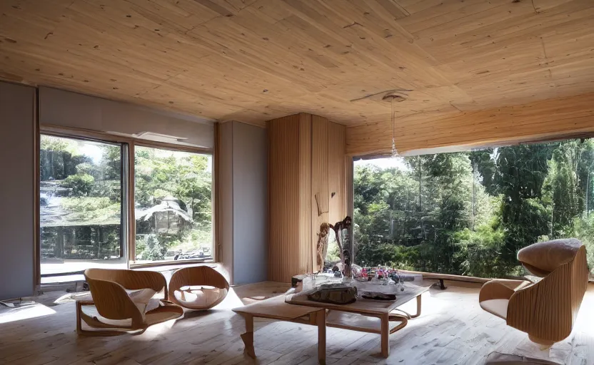 Prompt: luxurious wooden cottage by alvar aalto, modern japanese living room, japanese flower arrangements, architecture photography